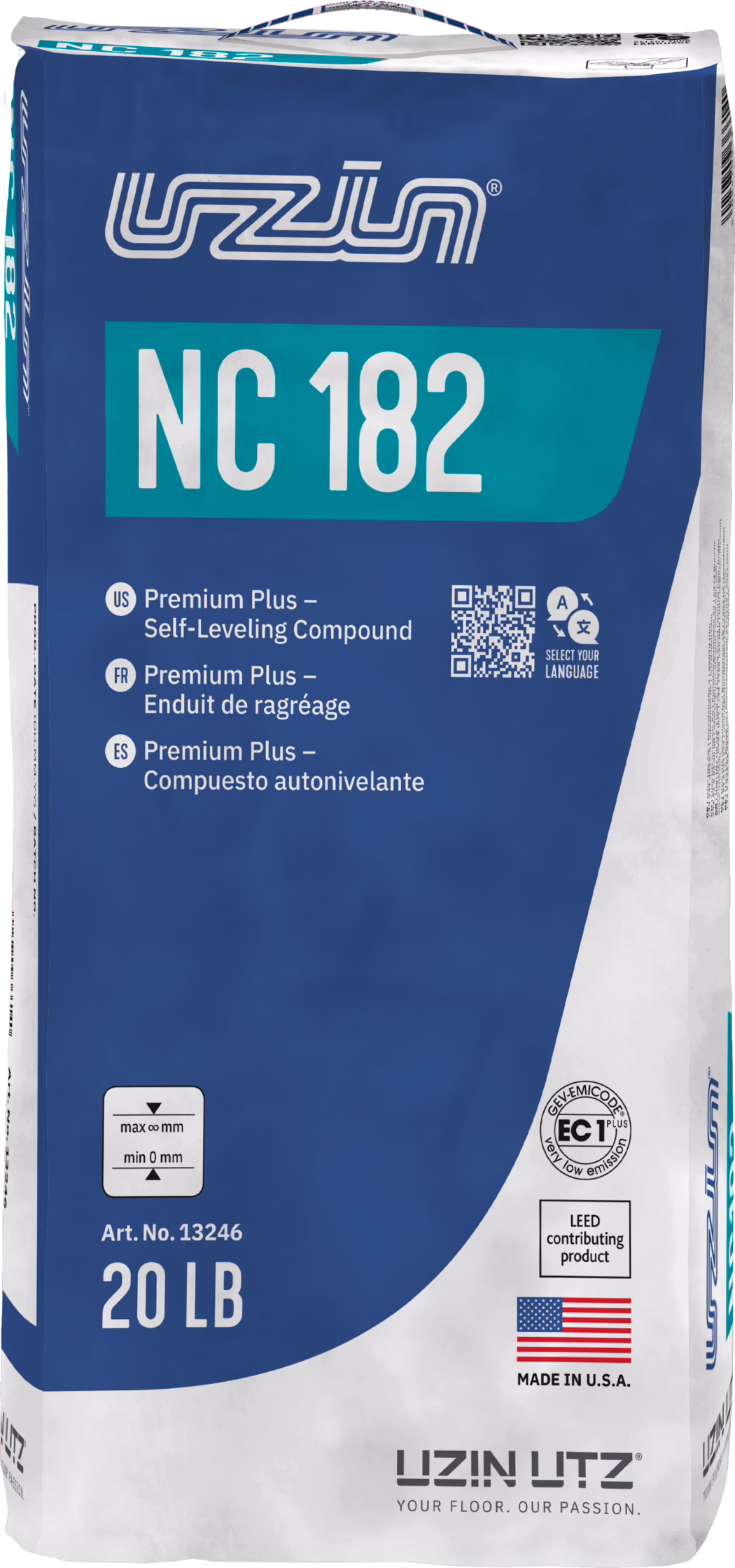 Sac albastru și alb de 20 lb cu compus de nivelare a pardoselii UZIN NC 182; fața arată marele 'NC 182', logo-ul UZIN, textul multilingv 'Premium Plus – Self‑Leveling Compound', cod QR, pictograme de măsurare, sigilii de certificare, 'Made in U.S.A.' cu steagul american și numărul de articol 13246.